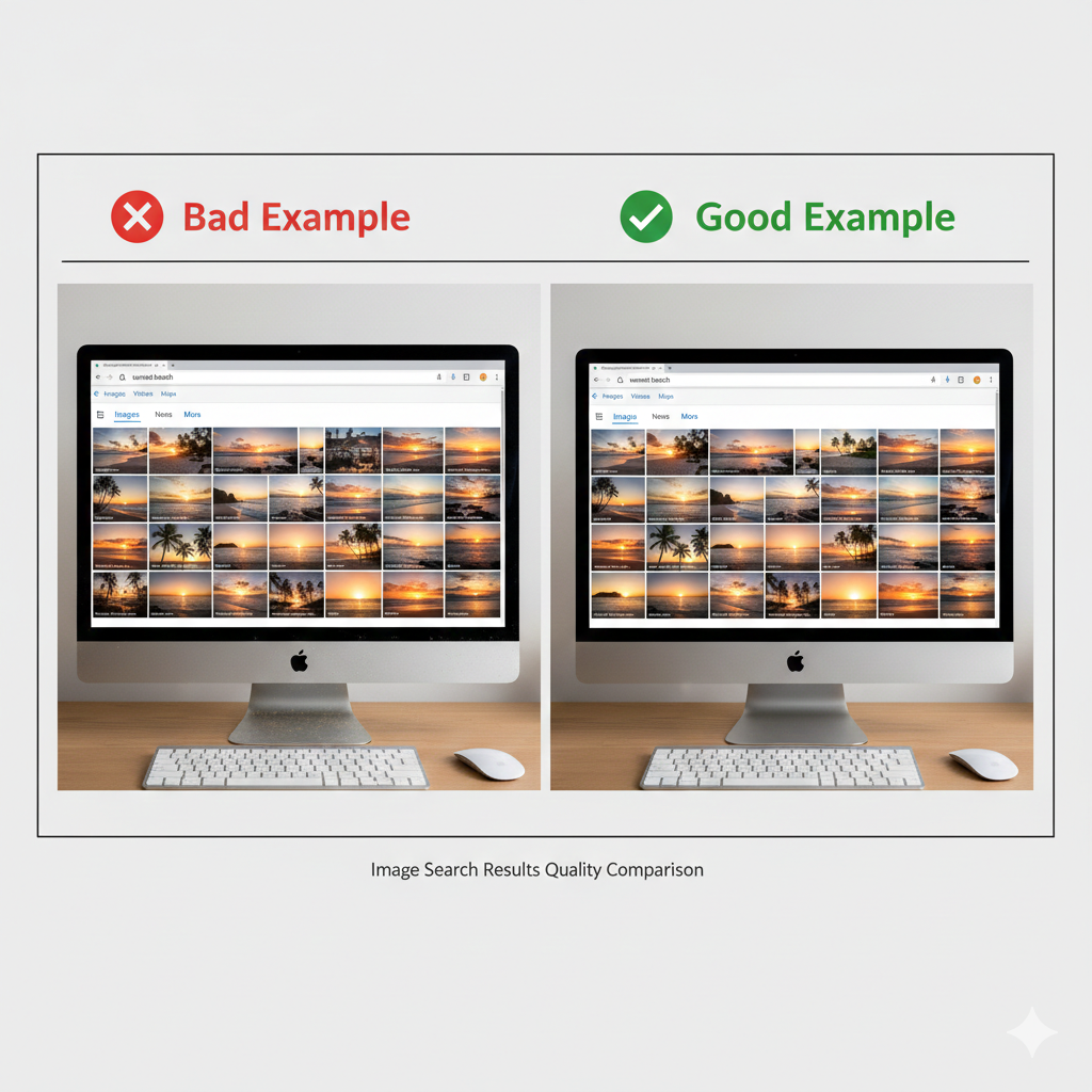 단순 키워드 나열과 구체적인 묘사를 비교한 alt 태그 작성 예시