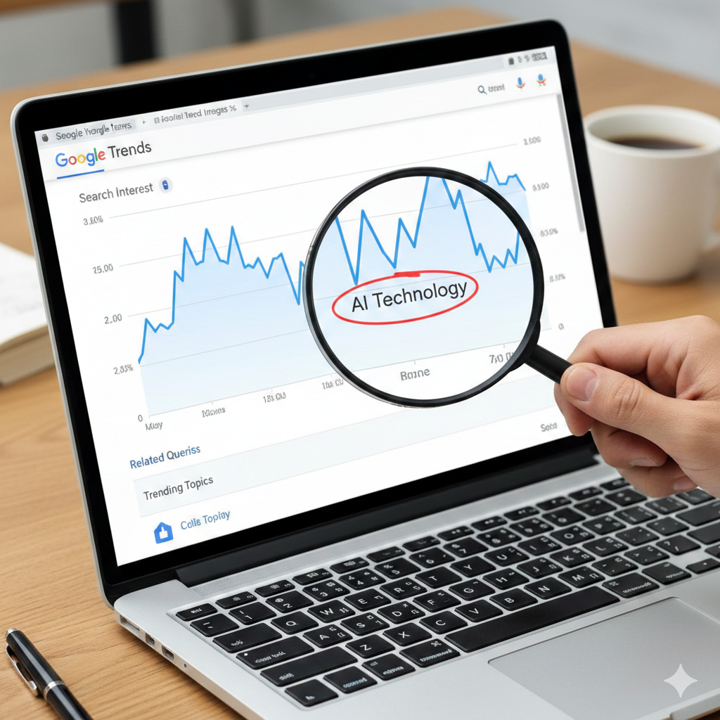 구글 트렌드 분석 도구를 사용하여 실시간 인기 검색어와 키워드를 확인하는 화면