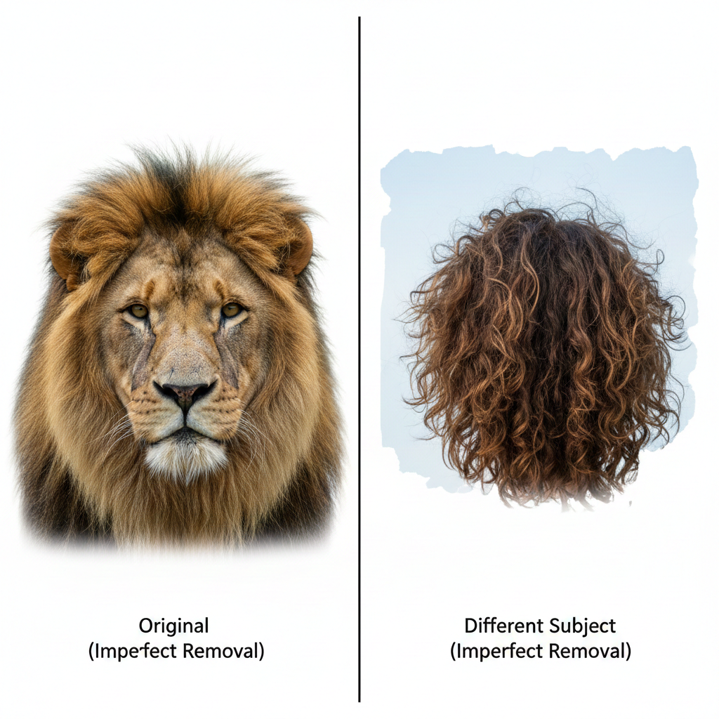 복잡한 머리카락 경계선 처리에 한계를 보이는 AI 배경 제거 결과물 비교