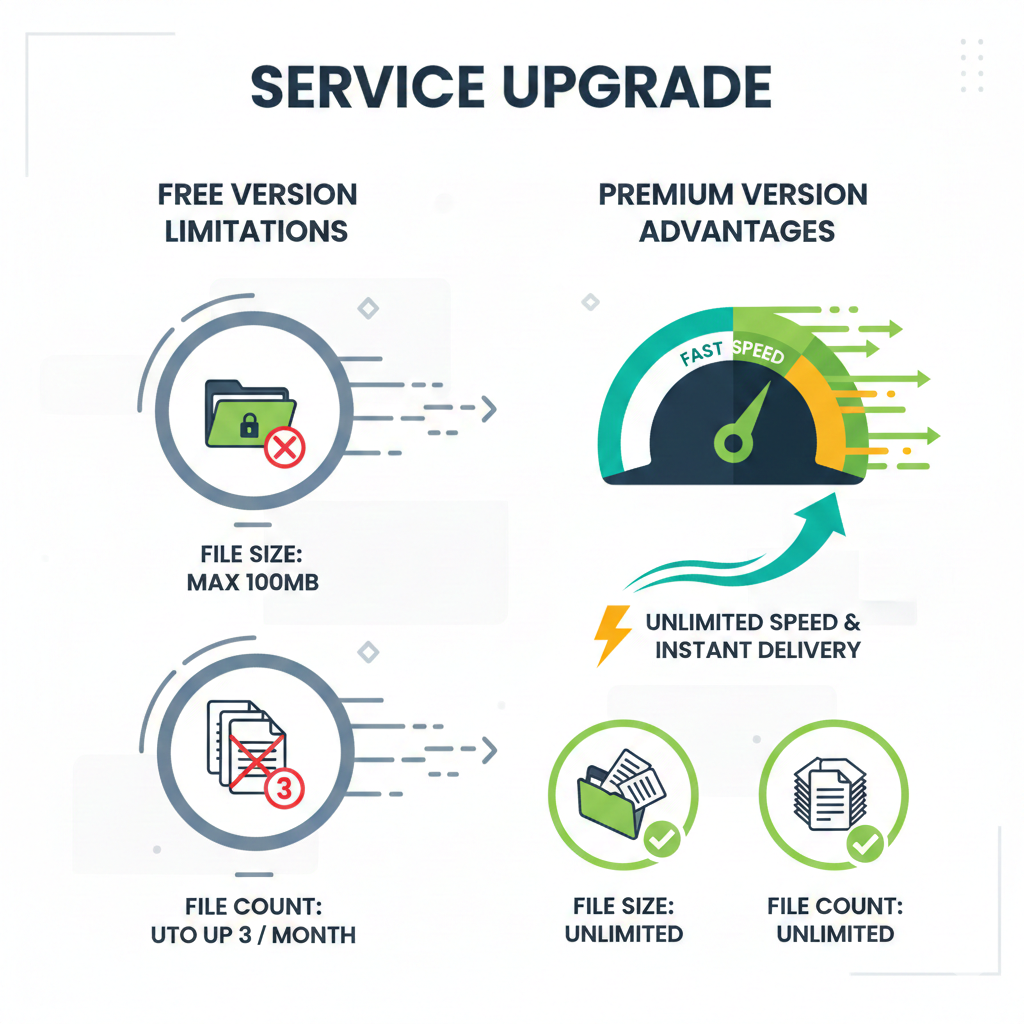 iLoveIMG 무료 버전과 유료 프리미엄 플랜의 기능 및 속도 제한 비교표