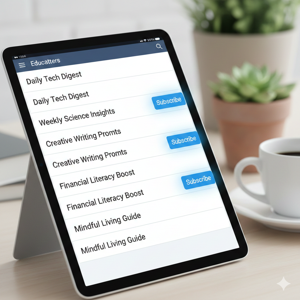 최신 정보를 얻기 위해 다양한 뉴스레터와 전문 매체를 구독하는 모습