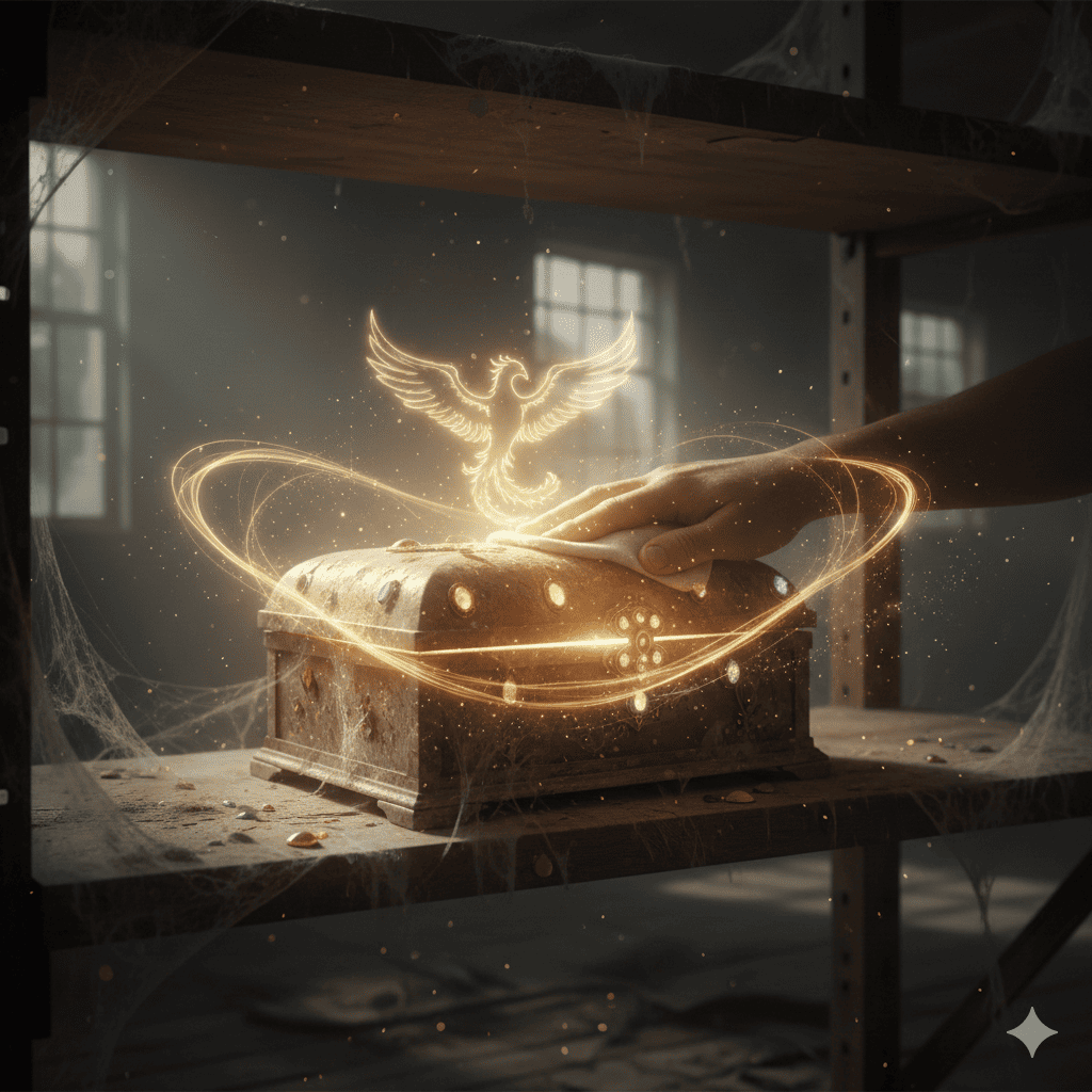 먼지 쌓인 보석을 닦아 광택을 내는 모습, 오래된 콘텐츠 업데이트의 가치 상징