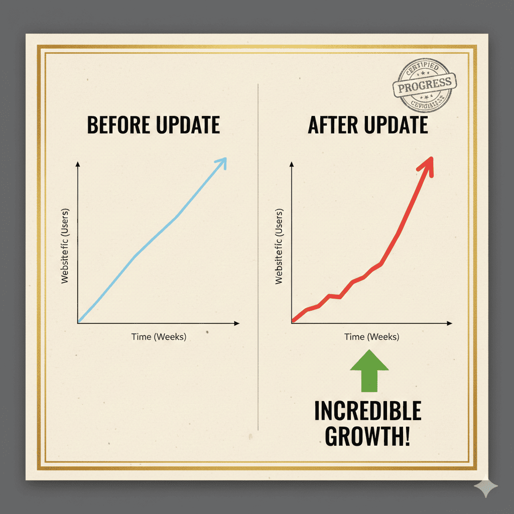 콘텐츠 업데이트 후 검색 순위와 트래픽이 상승한 성과 그래프