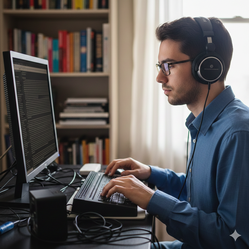 시각장애인이 스크린 리더를 통해 웹페이지 콘텐츠를 듣고 있는 모습