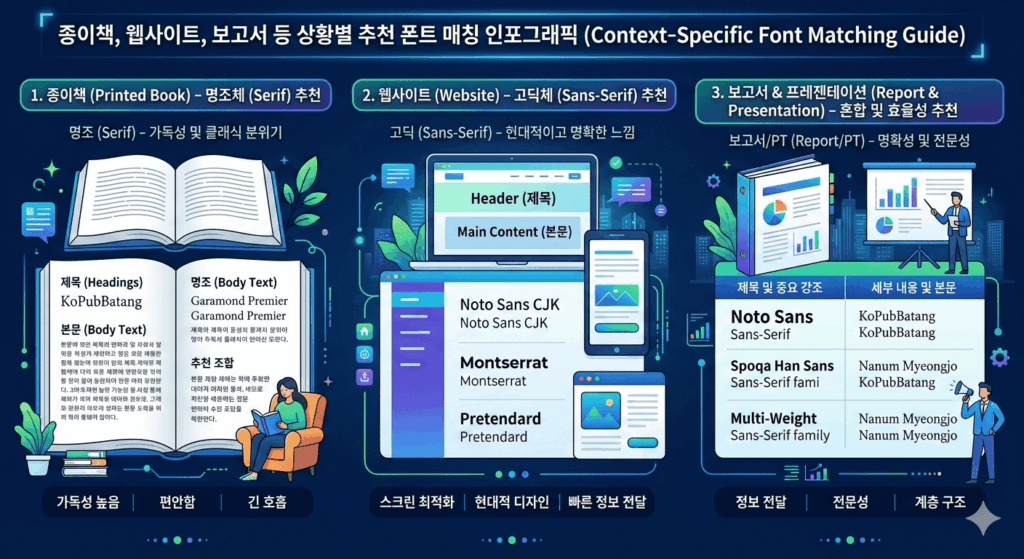 사용 목적에 따른 추천 폰트 종류 인포그래픽 (명조, 고딕, 나눔글꼴)