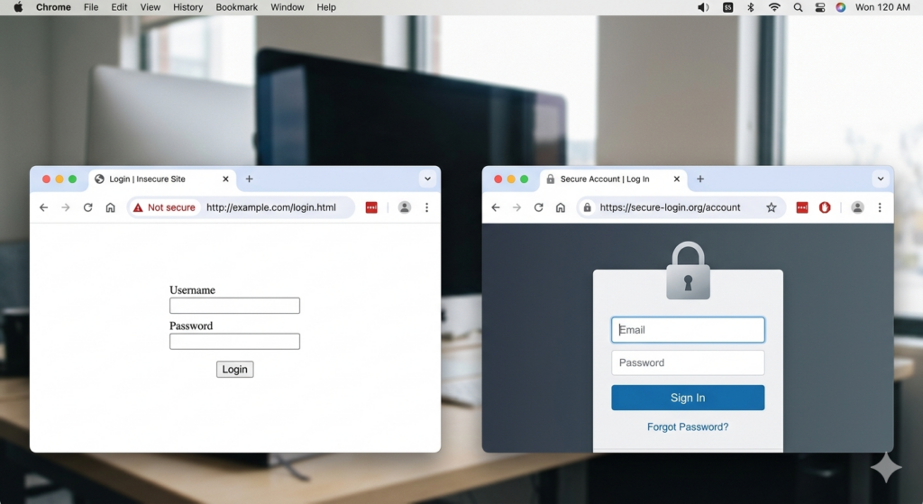 브라우저 주소창에 표시되는 안전하지 않음 경고와 HTTPS 자물쇠 아이콘 비교