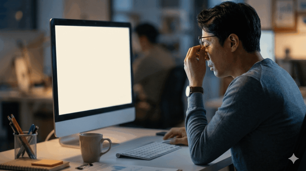 모니터 앞에서 눈의 피로를 느끼는 사람과 폰트 디자인 타이포그래피