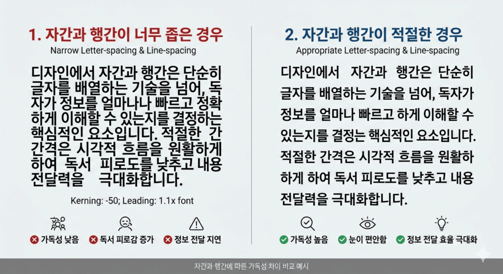 글자의 자간과 행간 조절에 따른 가독성 차이 비교 예시 이미지