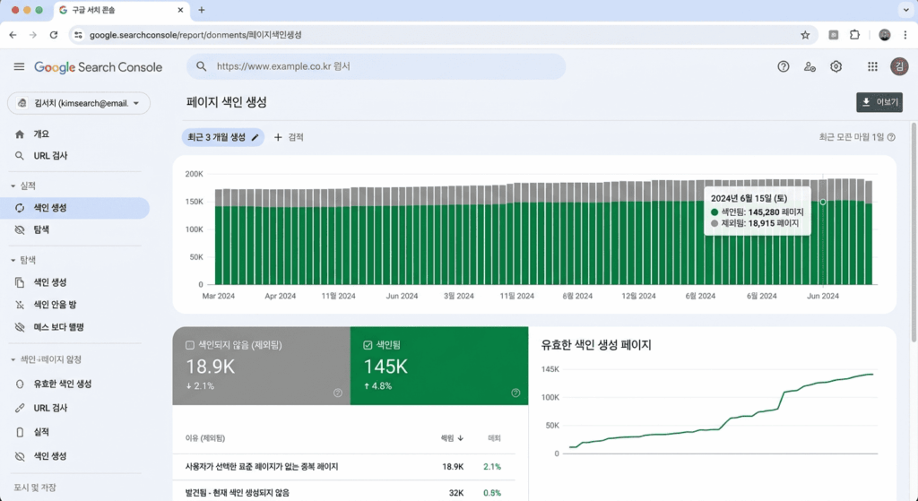 구글 서치 콘솔을 활용한 페이지 색인 상태 확인 화면