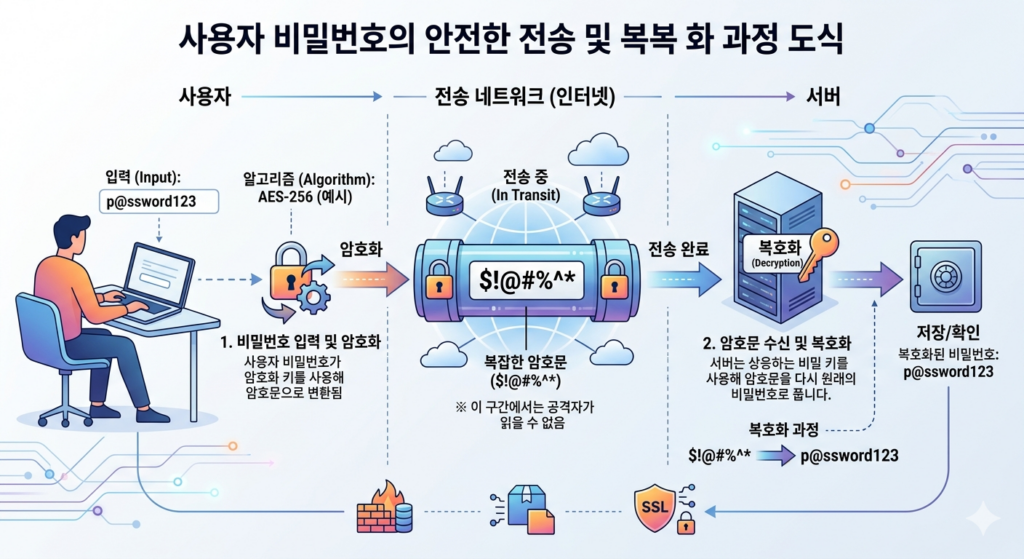 SSL/TLS를 통한 데이터 암호화 및 복호화 과정 개념도