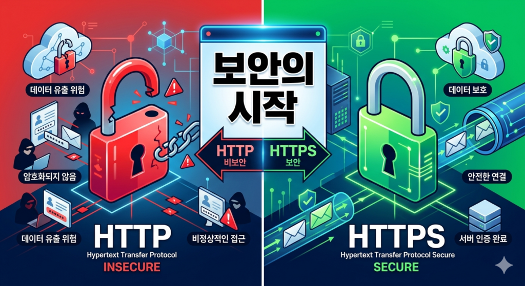 HTTP와 HTTPS의 보안 차이를 보여주는 비교 인포그래픽