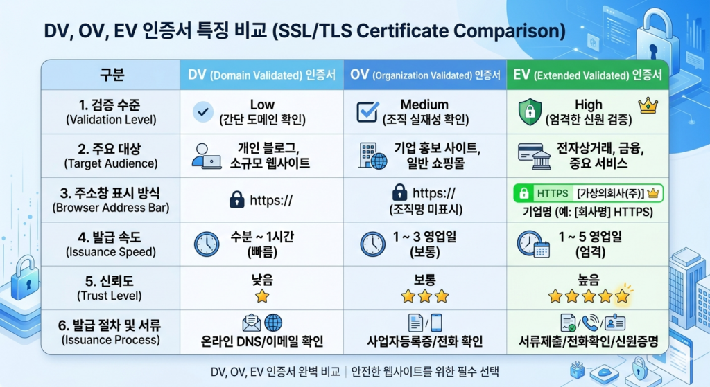 DV, OV, EV 등 SSL 인증서 종류별 특징 및 용도 비교표