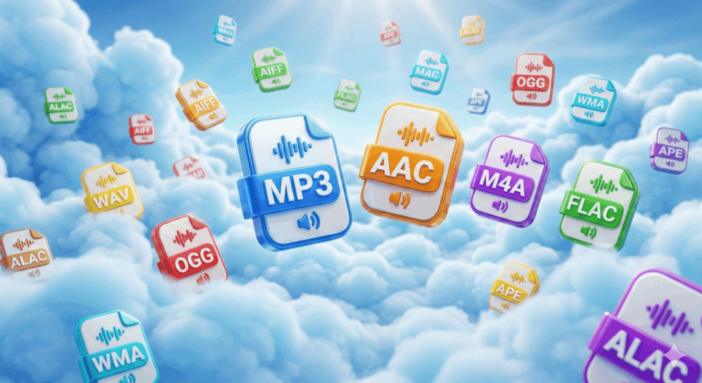Y2Mate에서 지원하는 다양한 오디오 파일 형식 아이콘 (MP3, AAC, M4A)